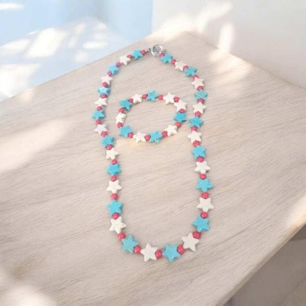 Patriotic Turquoise and White Star Necklace and Bracelet set with red beads